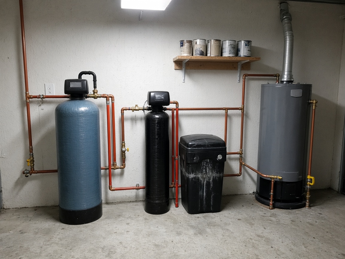 A whole-home filter and water softener in a garage next to a water heater