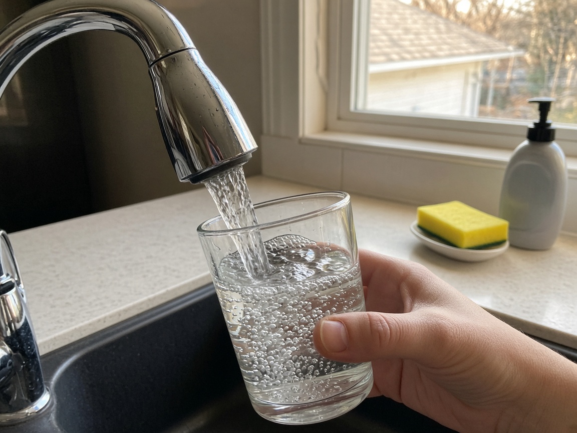 Filling a glass of water at a kitchen sink