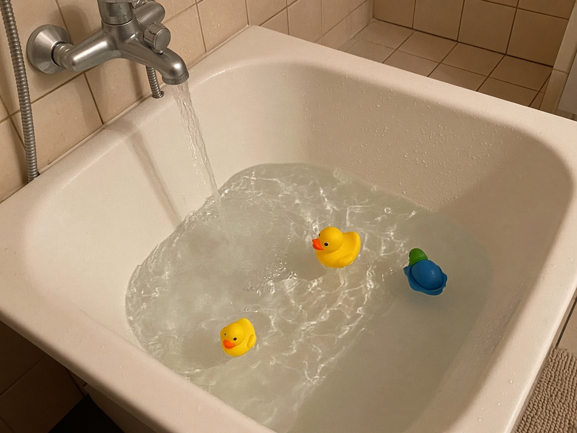 A bathtub filling with tap water and rubber ducks